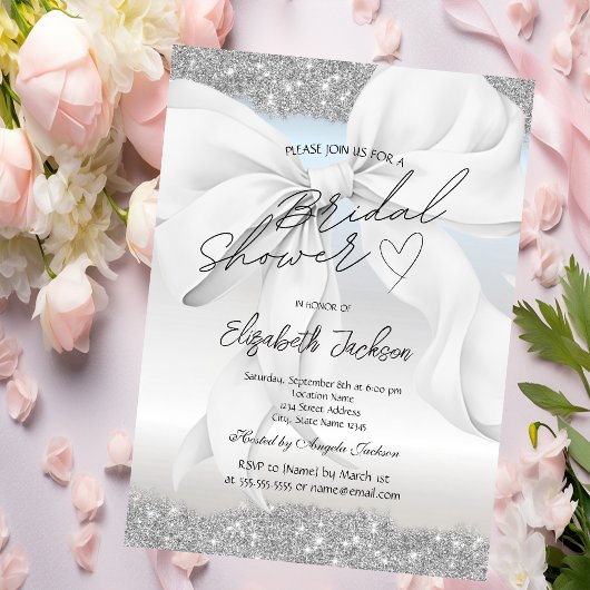 Witte strik zilveren glans glitter bruiloftsfeest  kaart