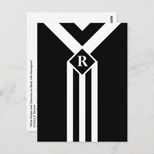 Witte Stripes en Chevrons op zwart met monogram Briefkaart (Voorkant / Achterkant)