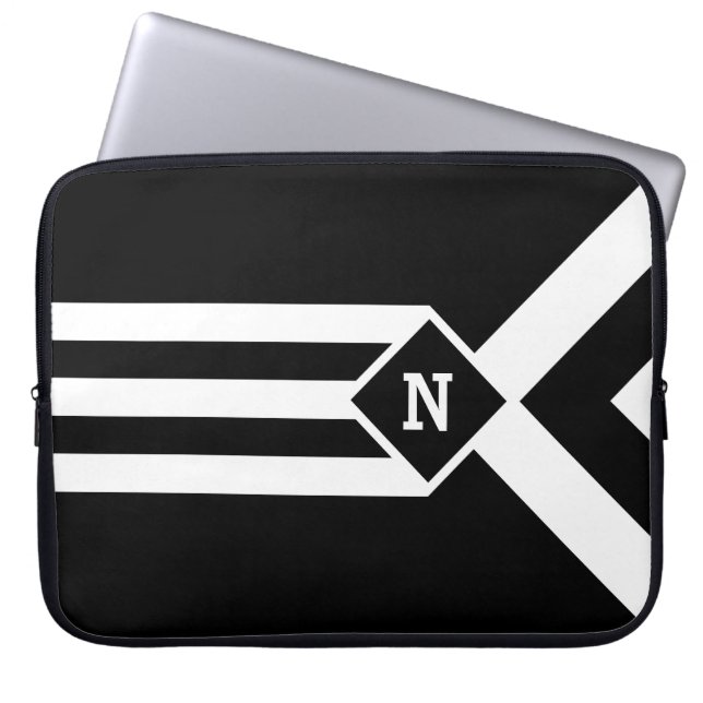 Witte Stripes en Chevrons op zwart met monogram Laptop Sleeve (Voorkant)