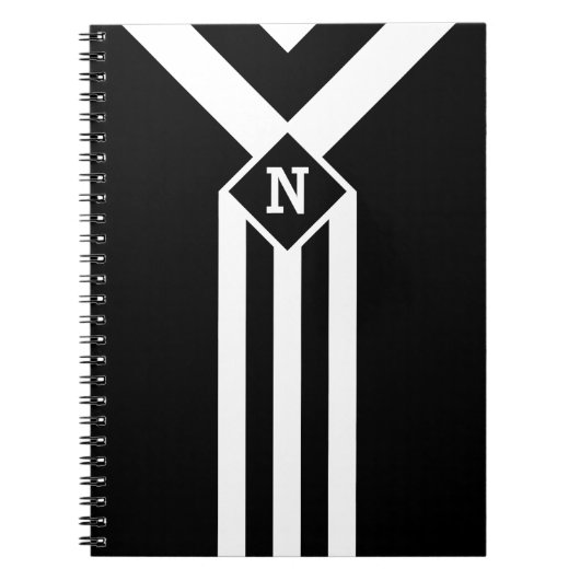 Witte Stripes en Chevrons op zwart met monogram Notitieboek (Voorkant)