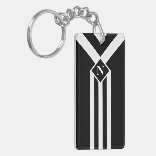 Witte Stripes en Chevrons op zwart met monogram Sleutelhanger (Voorkant Links)