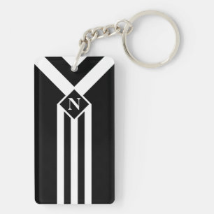 Witte Stripes en Chevrons op zwart met monogram Sleutelhanger