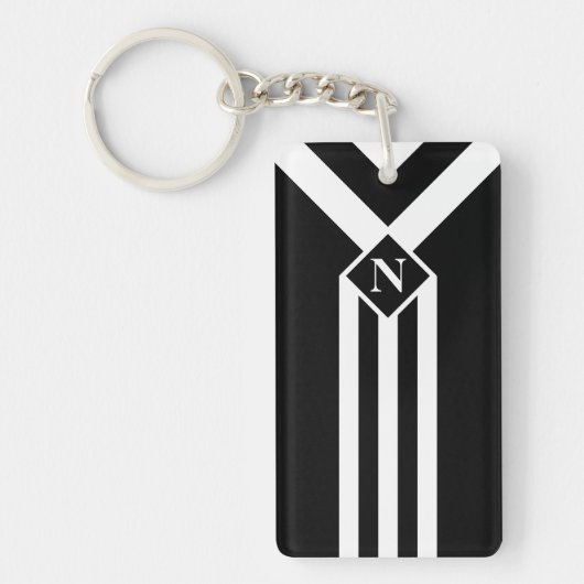 Witte Stripes en Chevrons op zwart met monogram Sleutelhanger (Voorkant)