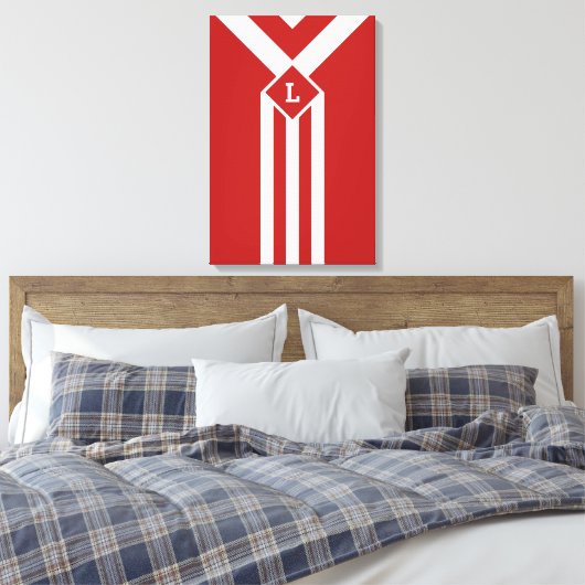 Witte strips en Chevrons op rood met monogram Canvas Afdruk (Insitu (Slaapkamer))