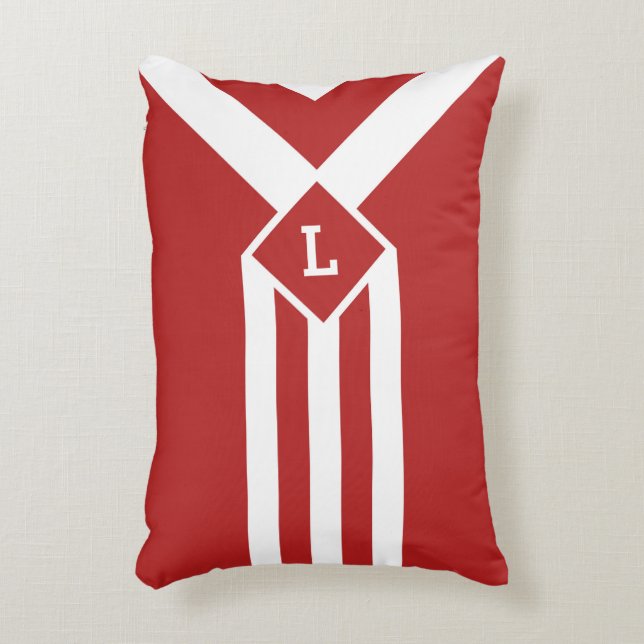 Witte strips en Chevrons op rood met monogram Decoratief Kussen (Voorkant(Verticaal))