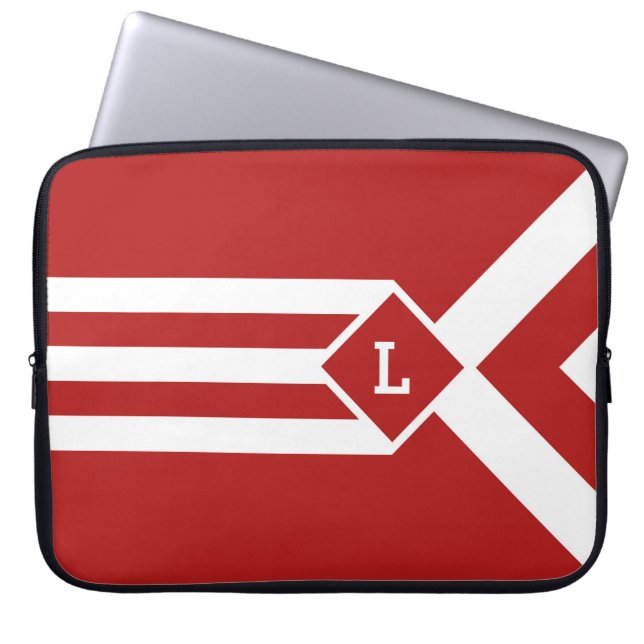 Witte strips en Chevrons op rood met monogram Laptop Sleeve (Voorkant)