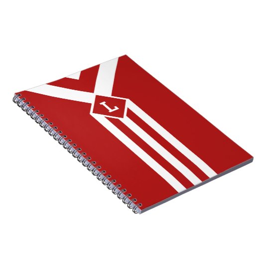 Witte strips en Chevrons op rood met monogram Notitieboek (Rechterzijde)