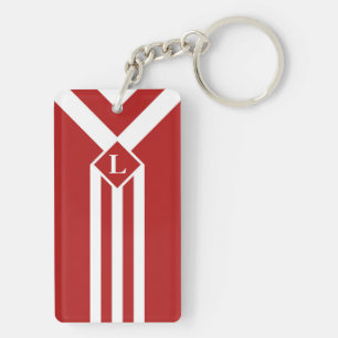 Witte strips en Chevrons op rood met monogram Sleutelhanger