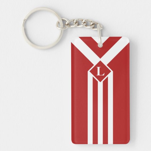 Witte strips en Chevrons op rood met monogram Sleutelhanger (Voorkant)
