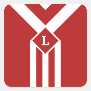 Witte strips en Chevrons op rood met monogram Vierkante Sticker
