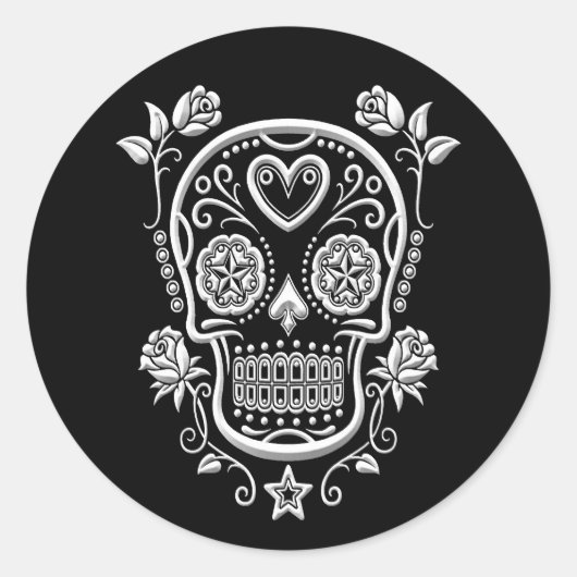Witte Suikerschedel met Rozen op zwart Ronde Sticker (Voorkant)