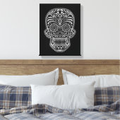 Witte suikerschedel op zwart canvas afdruk (Insitu (Slaapkamer))
