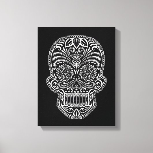 Witte suikerschedel op zwart canvas afdruk (Voorkant)