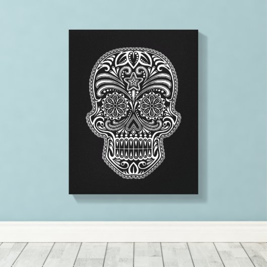 Witte suikerschedel op zwart canvas afdruk (Insitu (Houten vloer))