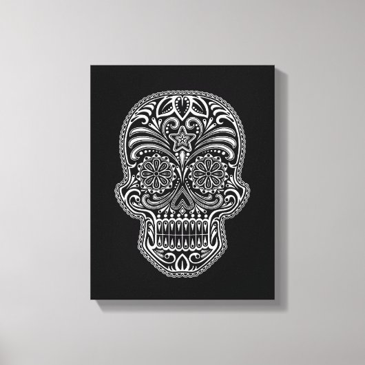 Witte suikerschedel op zwart canvas afdruk (Voorkant)
