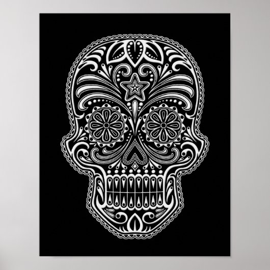 Witte suikerschedel op zwart poster (Voorkant)