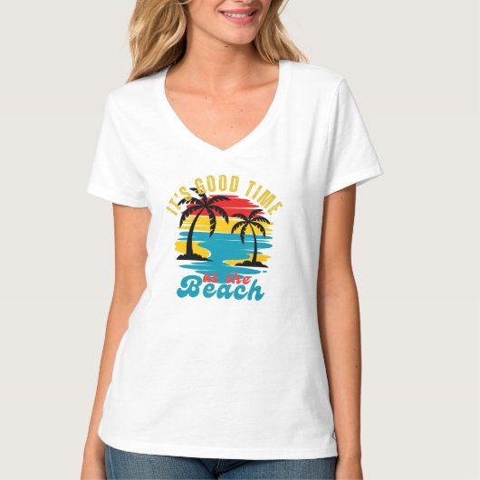 Witte Sunrise Sunset Natuur Beach V-hals T-shirt (Voorkant)