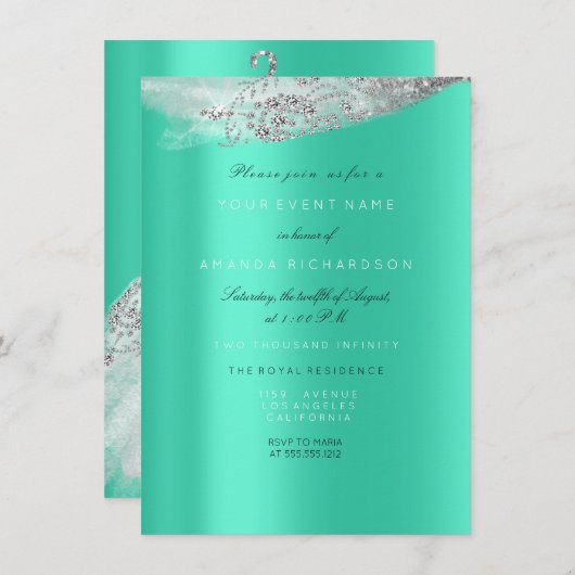 Witte Sweet 16 Bruidsjurk Grijs Mint Diamant Kaart (Voorkant / Achterkant)