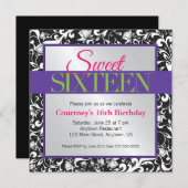 Witte Swirls op Zwart Sweet 16 Verjaardag Kaart (Voorkant / Achterkant)