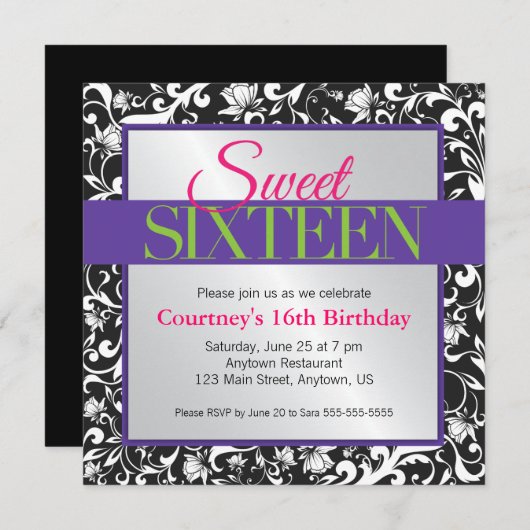 Witte Swirls op Zwart Sweet 16 Verjaardag Kaart (Voorkant / Achterkant)