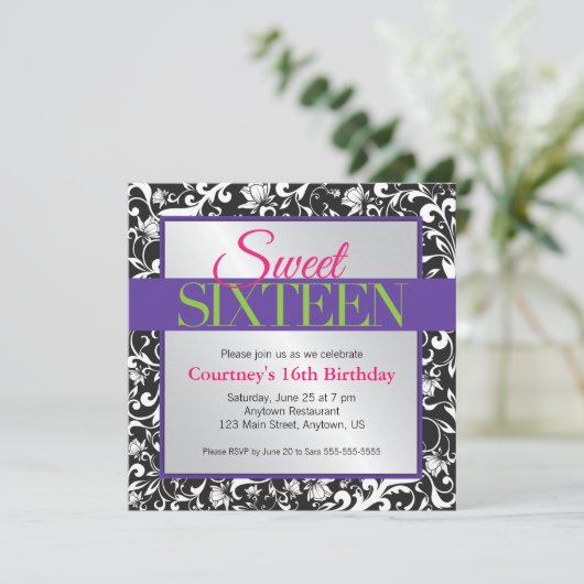 Witte Swirls op Zwart Sweet 16 Verjaardag Kaart (Staand voorkant)