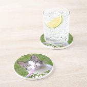 Witte tabletten Kat en Roze Petunia Zandsteen Onderzetter (Zijkant)