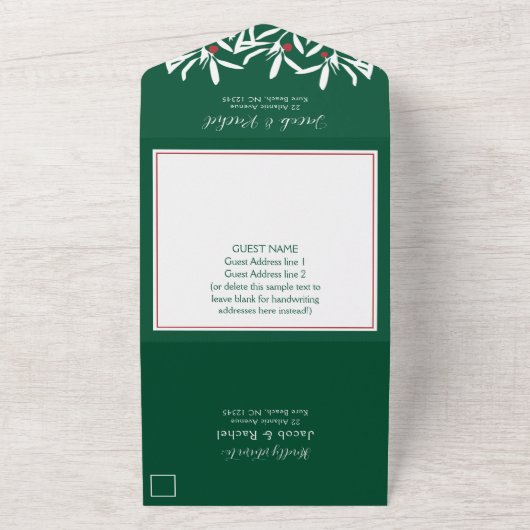 Witte takken & bessen Kerstmis Bruiloft Groen All In One Uitnodiging (Buitenkant)