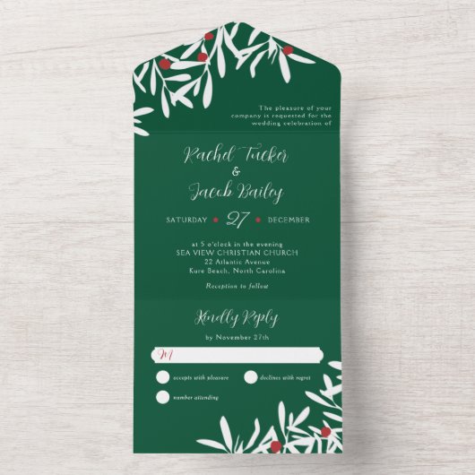Witte takken & bessen Kerstmis Bruiloft Groen All In One Uitnodiging (Binnen)