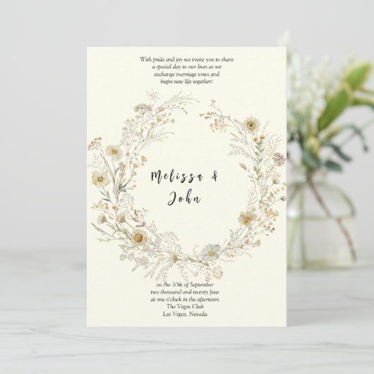 Witte Tan Rustieke Boho Wildflower Wedding Kaart (Staand voorkant)