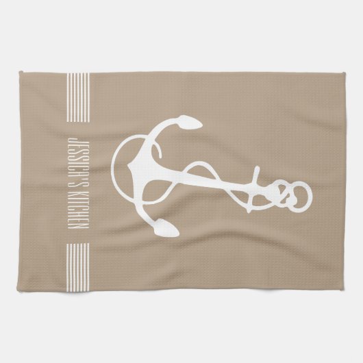 Witte & Tan Stripes en nautische bootanker Theedoek (Horizontaal)