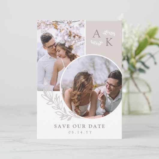 Witte Taupe Groene Overlappende Foto's Save The Date (Staand voorkant)