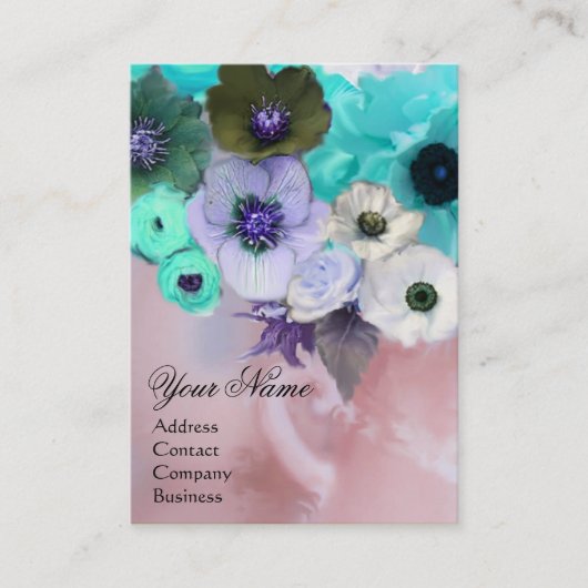 WITTE TEAL BLAUWE ROZEN EN ANEMONEBLOEMEN MONOGRAM VISITEKAARTJE (Voorkant)