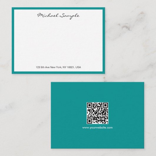 Witte & Teal QR-code typografie script naam Notitiekaartje (Voorkant / Achterkant)
