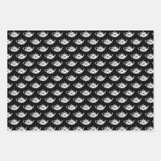 Witte Teapots op zwart Inpakpapier Vel (Voorkant 2)