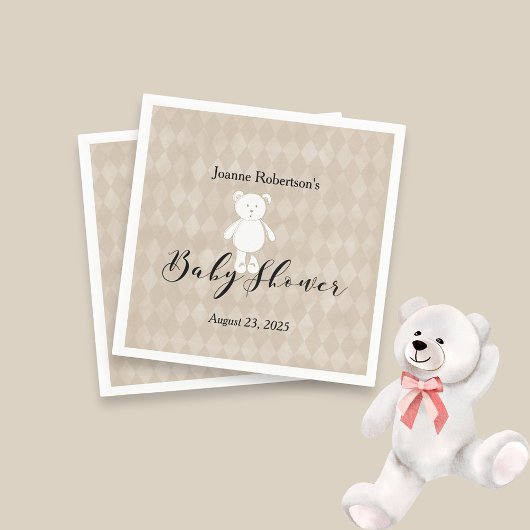 Witte teddybeer Baby shower modern | Tan Argyle Servet