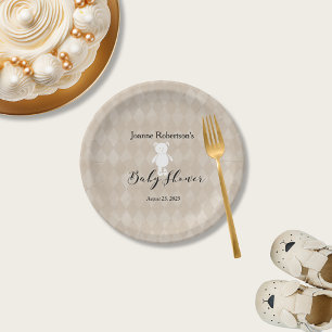 Witte teddybeer Baby shower   Tan Argyle Papieren Bordje