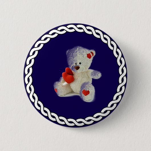 Witte teddybeer, witte cirkel lijst, ronde button 5,7 cm (Voorkant)