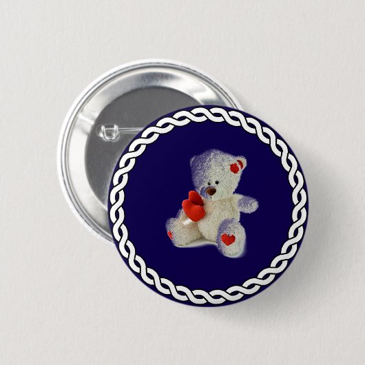 Witte teddybeer, witte cirkel lijst, ronde button 5,7 cm (Voorkant /achterkant)