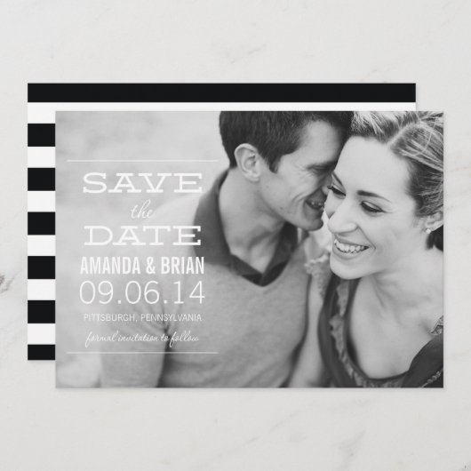 Witte tekst foto save the date aankondiging (Voorkant / Achterkant)