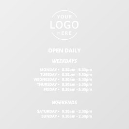 Witte tekst Open dagelijkse winkeluren Uw logo Raamsticker