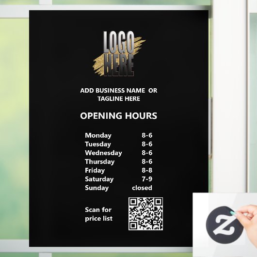 Witte Tekst Openingstijden met QR Code en Logo Raamsticker (Huis)