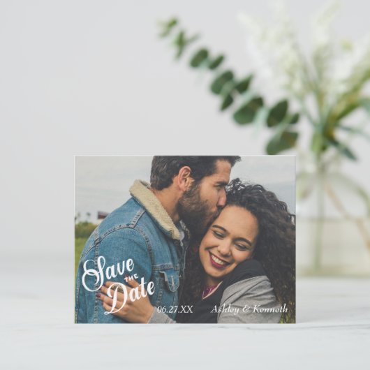 Witte tekst Sla de trouwdatum op Briefkaart (Staand voorkant)