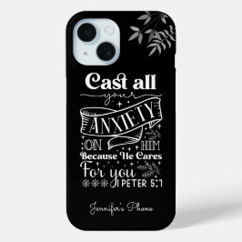 Witte Tekst Typografie, 1 Petrus 5:7 Schrift iPhone 15 Case