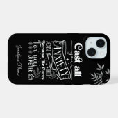 Witte Tekst Typografie, 1 Petrus 5:7 Schrift iPhone 15 Case (Achterkant horizontaal)