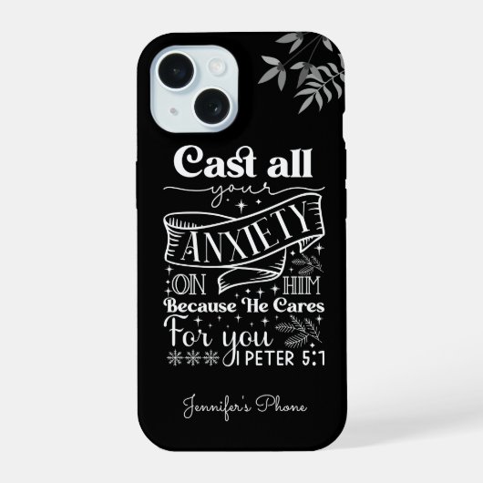 Witte Tekst Typografie, 1 Petrus 5:7 Schrift iPhone 15 Case (Achterkant)
