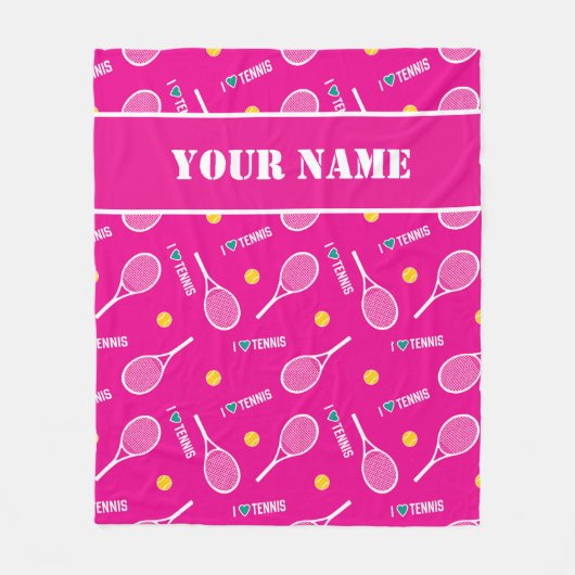 🎾 witte tennisrackets op roze, aangepaste naam fleece deken (Voorkant)