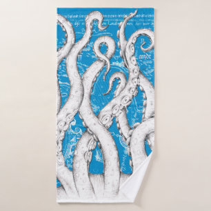 Witte Tentakels Octopus Kaart Blauw Nautisch Bad Handdoek