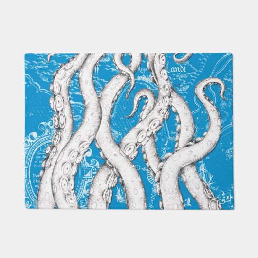 Witte Tentakels Octopus Kaart Blauw Nautisch Deurmat (Voorkant)