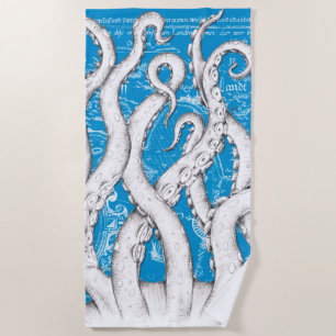 Witte Tentakels Octopus Kaart Blauw Nautisch Strandlaken