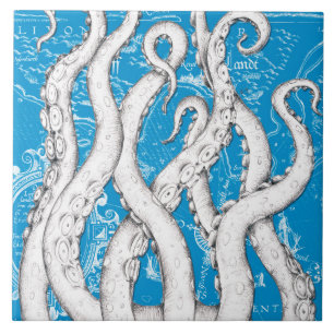 Witte Tentakels Octopus  Kaart Blauw Nautisch Tegeltje